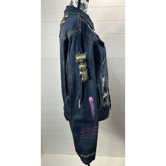 Create 2MRW Jean Jacket Womens Sz Large Distressed Hand Painted Cotton Blue - Picture 7 of 13